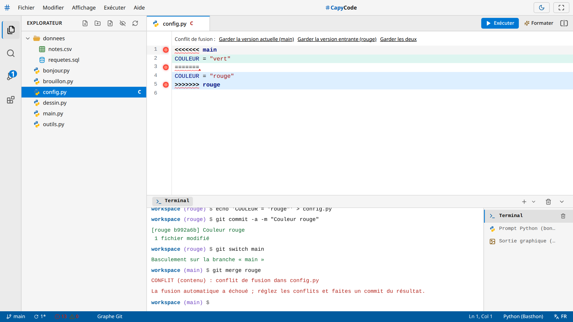 Un conflit dans config.py : la version actuelle en vert, la version entrante en bleu, et les boutons au-dessus