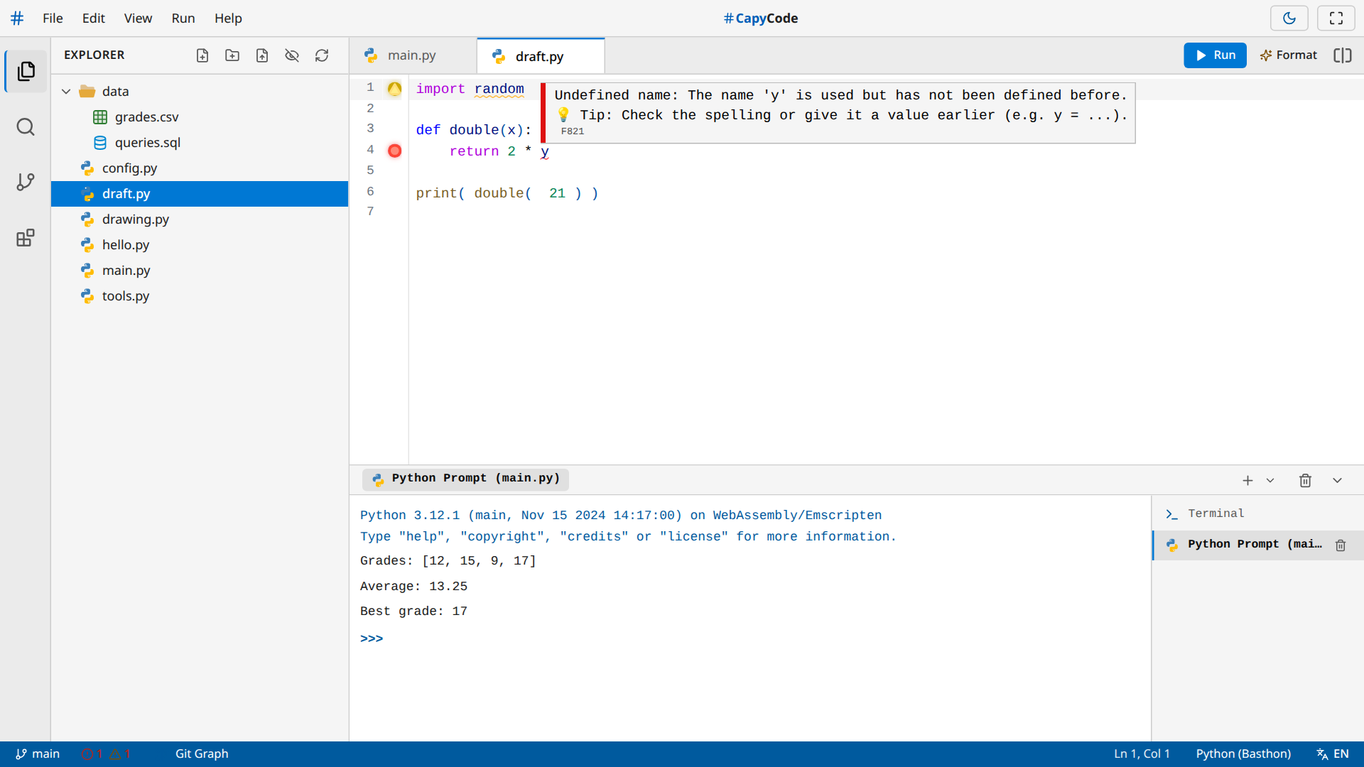An undefined variable, underlined in red, with the explanation and the tip