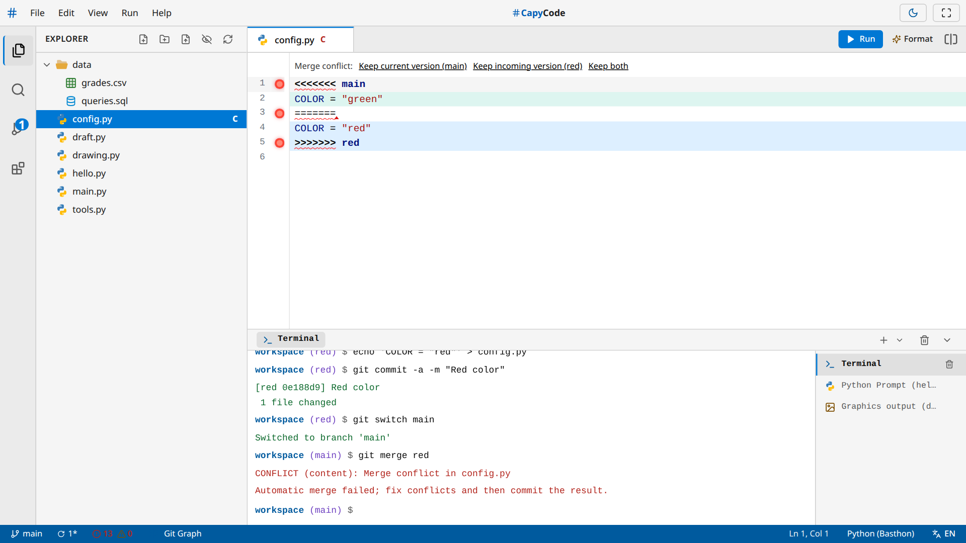 A conflict in config.py: the current version in green, the incoming version in blue, and the buttons above