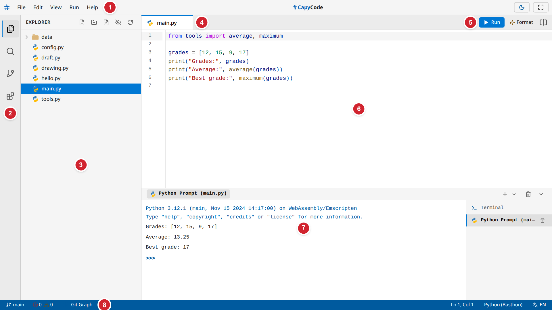 The CapyCode screen, with its eight numbered areas