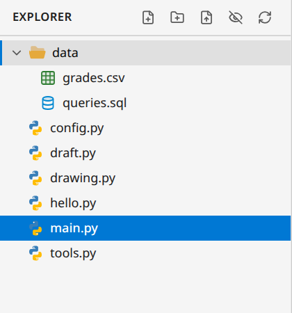 The explorer: an open "data" folder and the Python files of the project