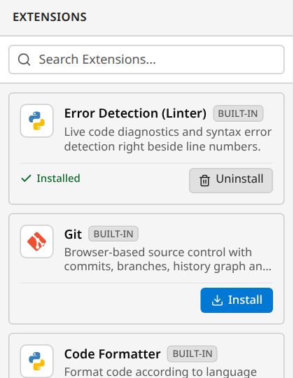 The extensions panel