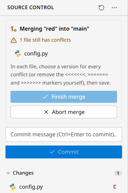 The Git panel during the merge: one file still has conflicts