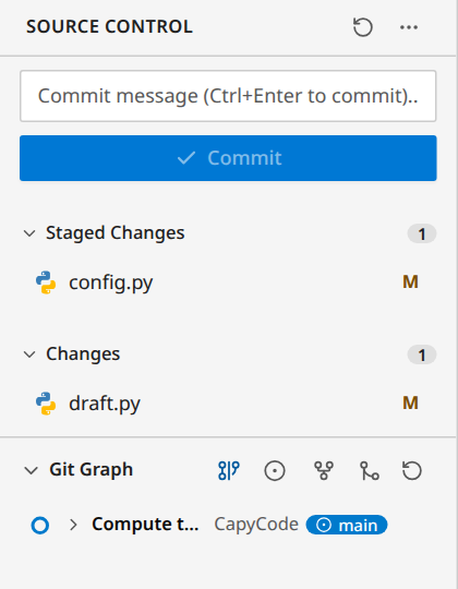 The panel: config.py staged, draft.py modified, and the history below