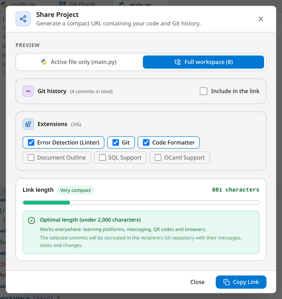 The share window: full workspace, Git history, link length
