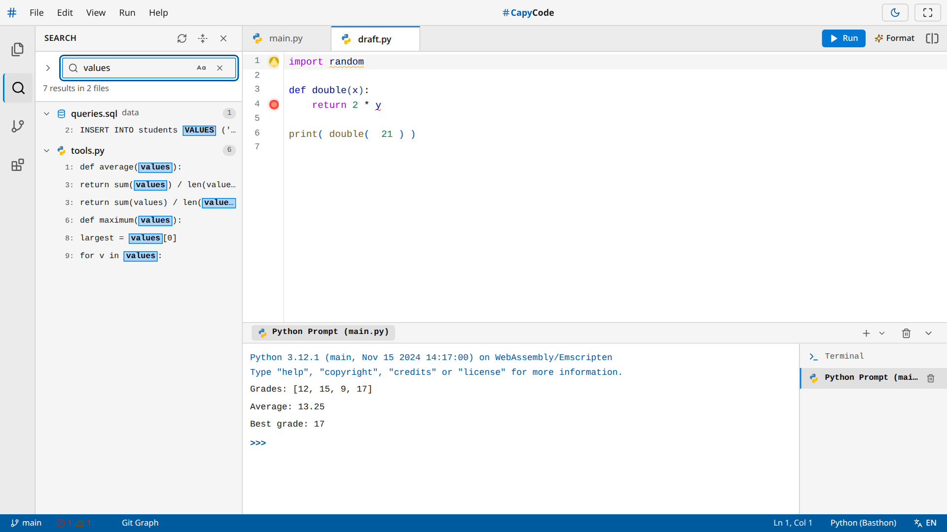 Searching in files: seven results for "values", in tools.py and in the SQL file