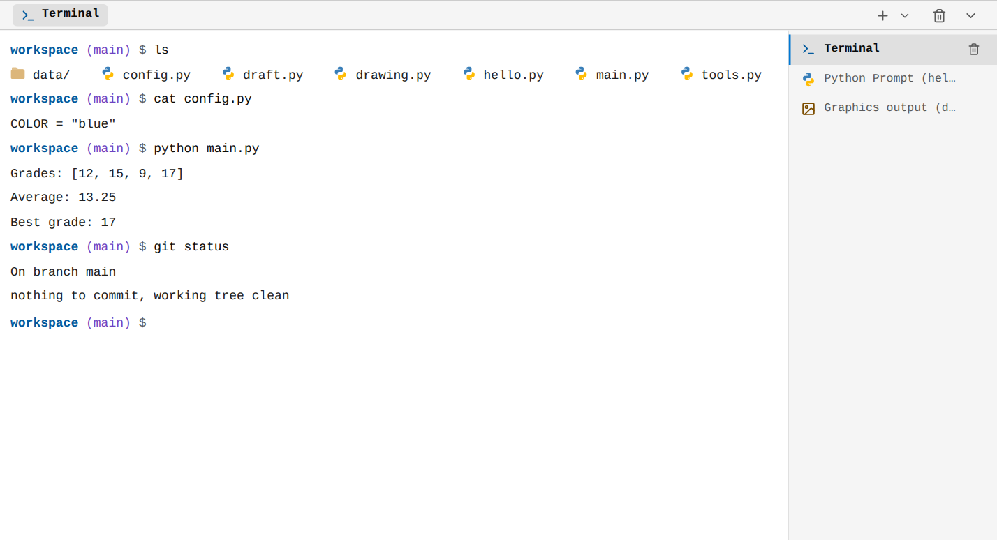 The terminal after a few commands: cat, python main.py, git status