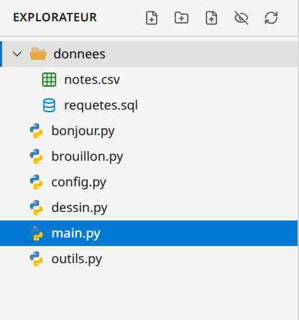L'explorateur : un dossier « donnees » ouvert et les fichiers Python du projet