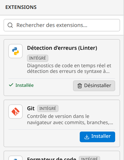 Le panneau des extensions