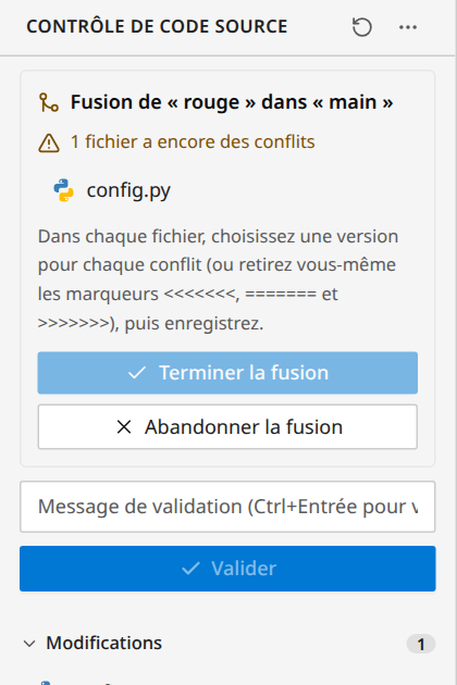 Le panneau Git pendant la fusion : un fichier a encore des conflits