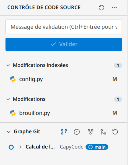 Le panneau : config.py indexé, brouillon.py modifié, et l'historique en dessous