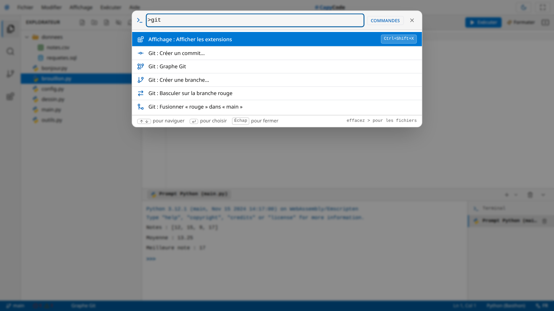 La palette de commandes filtrée sur « git »