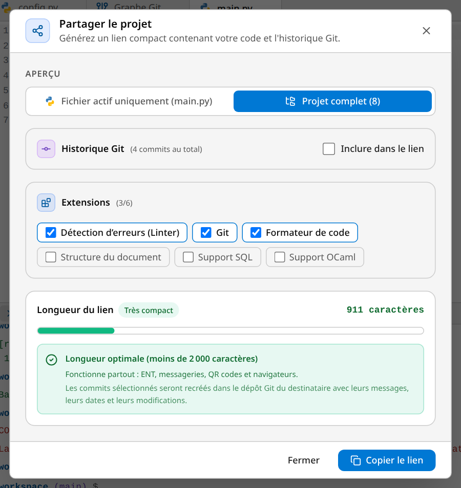 La fenêtre de partage : projet complet, historique Git, longueur du lien