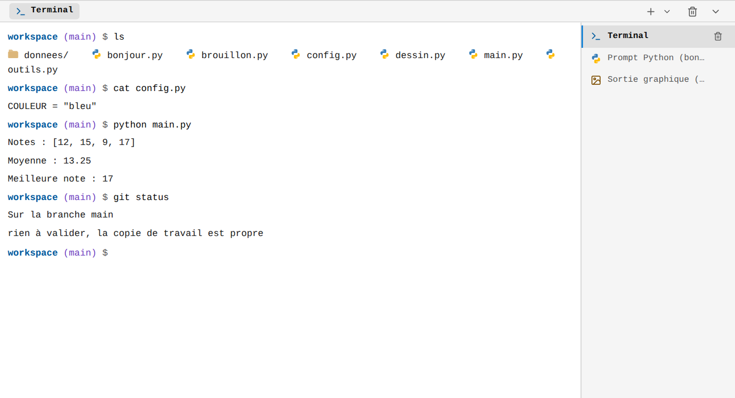 Le terminal après quelques commandes : cat, python main.py, git status